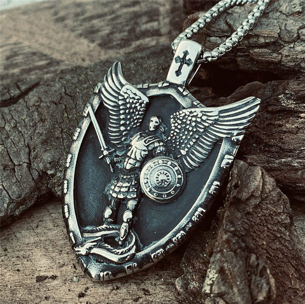 Collier Pendentif Saint Michel - Bouclier Médaille Avec Chaîne Acier Inoxydable - Neuf Avec étiquettes