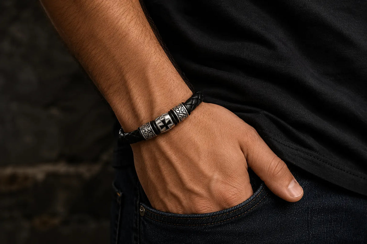 Bracelet templier homme en cuir noir et acier porté au poignet