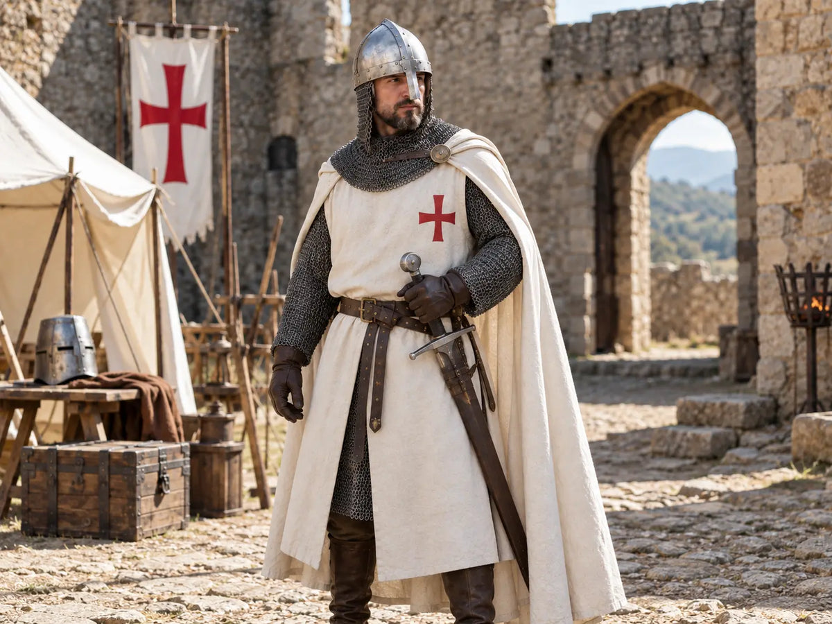 Illustration d'un chevalier templier portant une tenue blanche à croix rouge et une cotte de mailles dans un château médiéval.