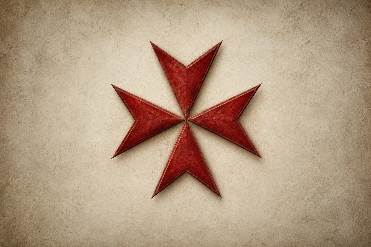 Croix de Malte rouge sur fond parchemin, symbole médiéval chevaleresque
