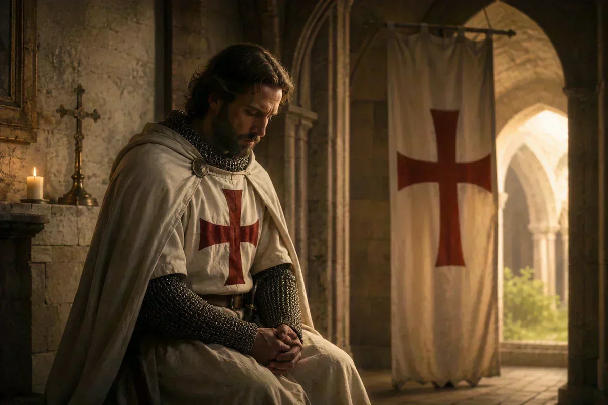 Chevalier croisé évoquant la devise Deus Vult et l’honneur médiéval