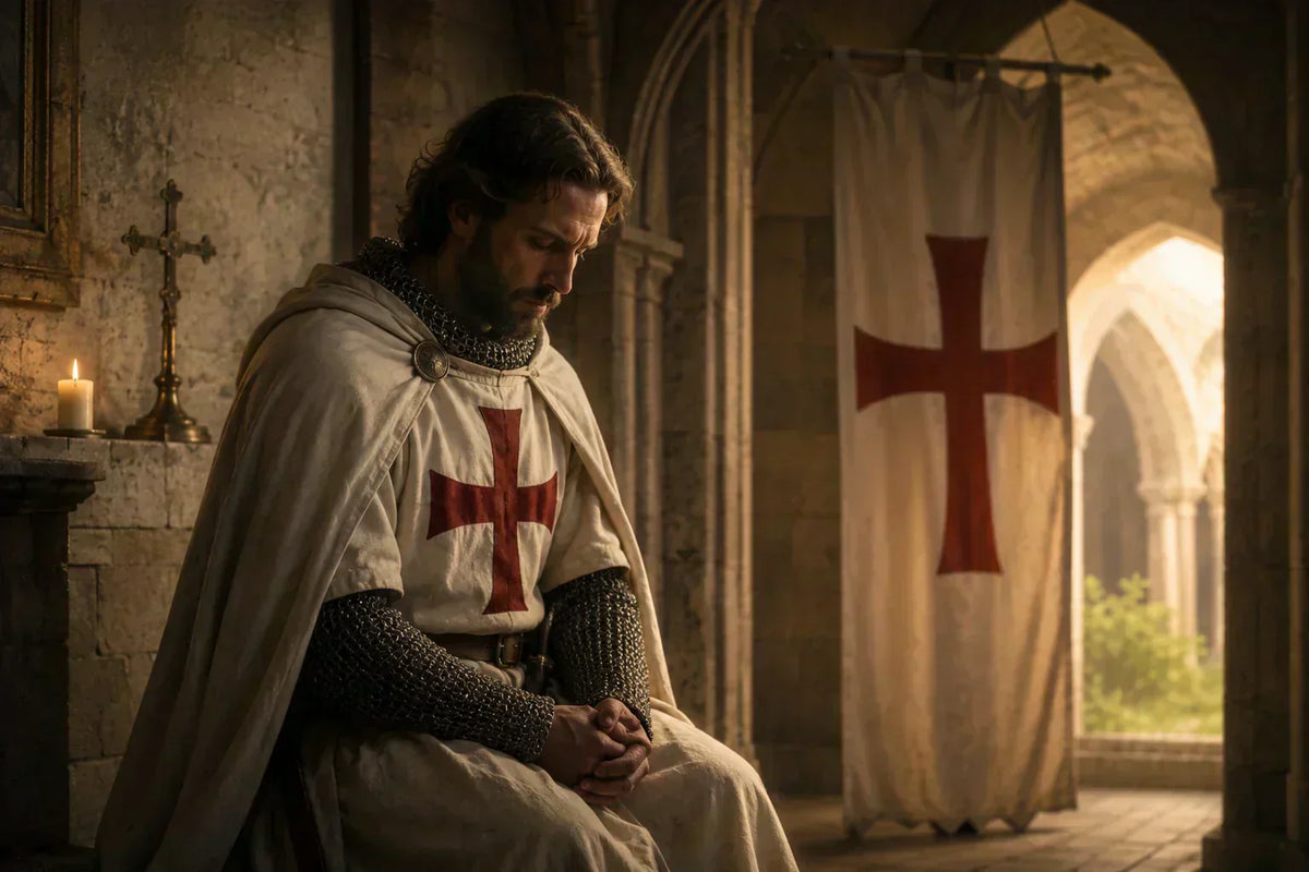 Chevalier croisé évoquant la devise Deus Vult et l’honneur médiéval