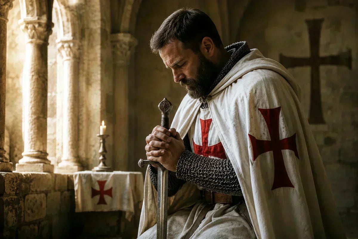 Chevalier templier en prière évoquant la devise Non Nobis Domine