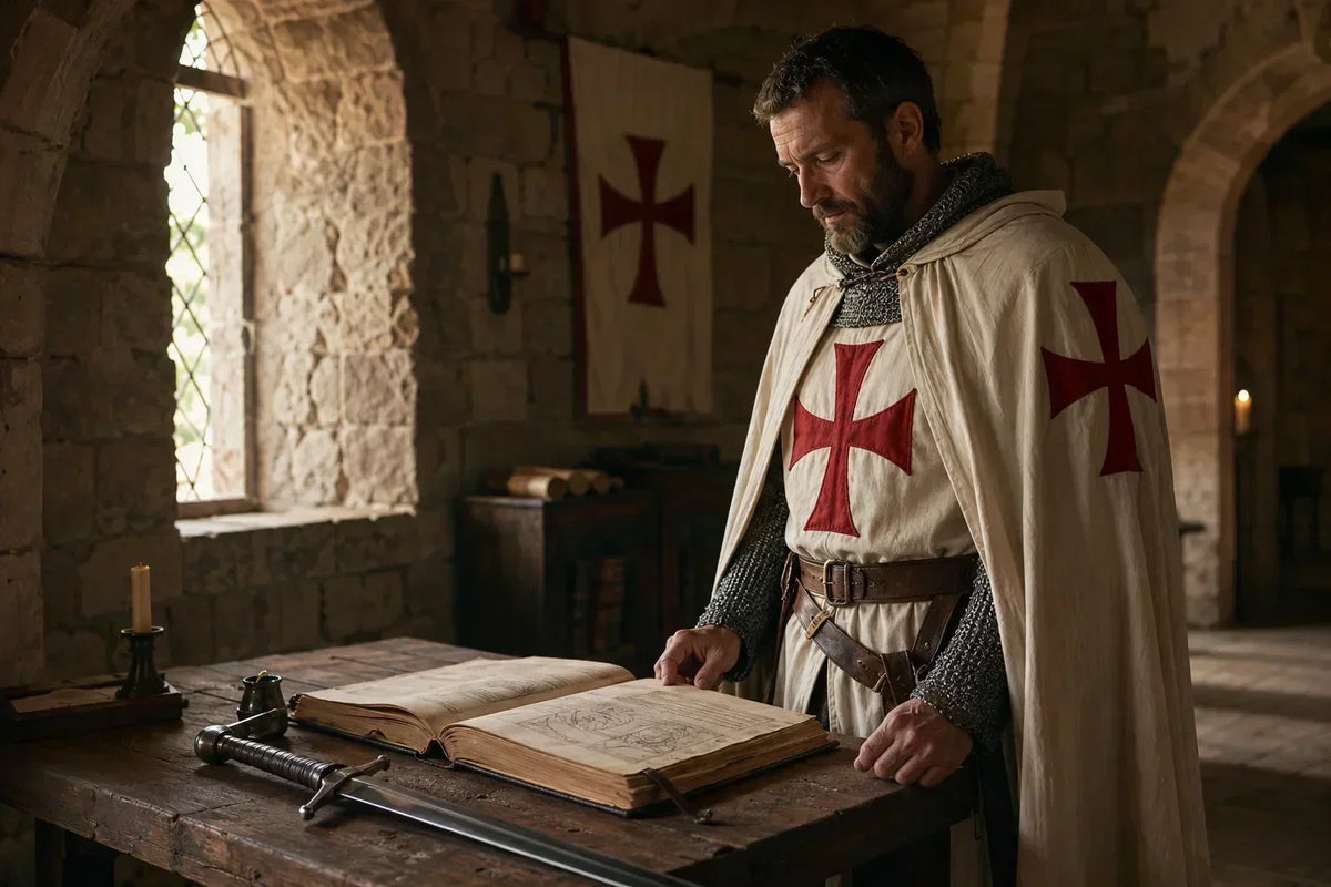 Chevalier templier dans une commanderie illustrant la règle et la vie quotidienne de l'Ordre du Temple