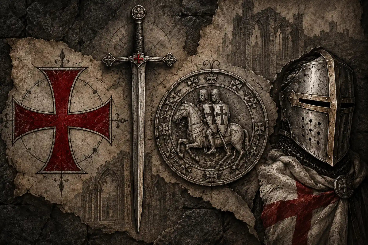 Idées de tatouages templiers avec croix pattée, épée, sceau et casque