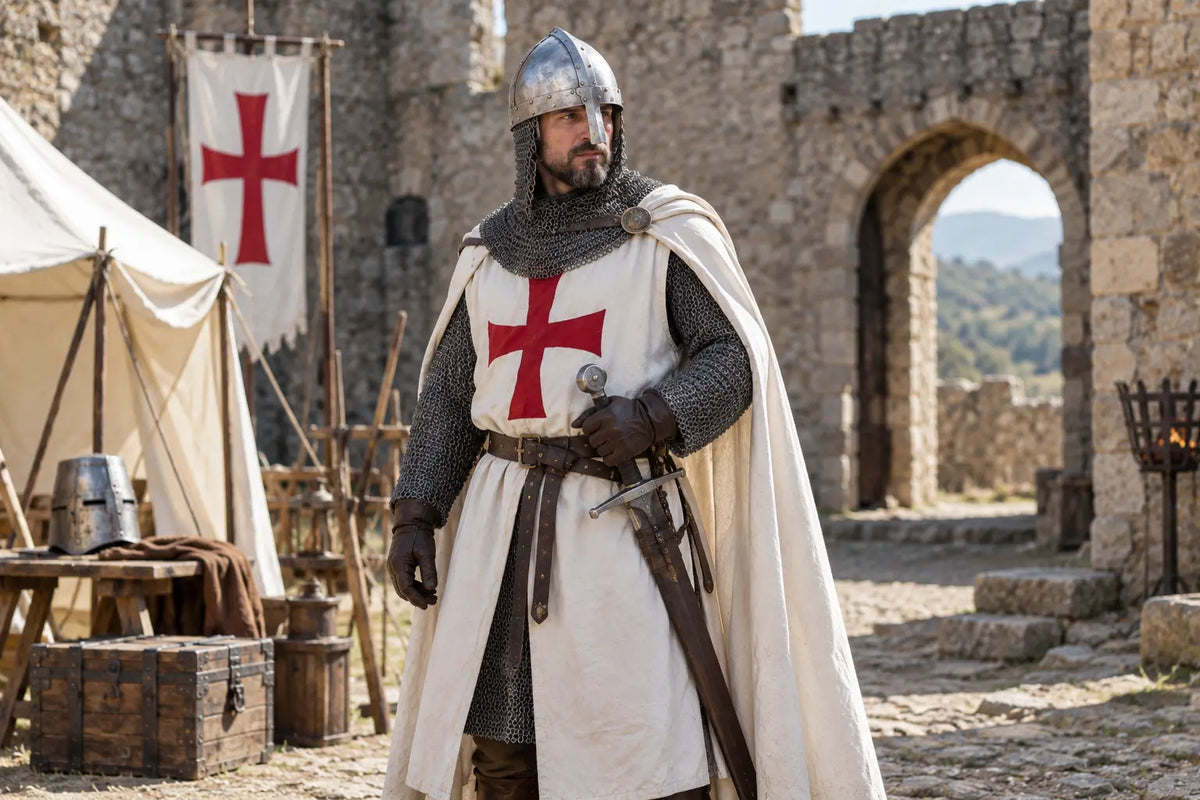 Reconstitution historique d’un chevalier templier en tenue médiévale