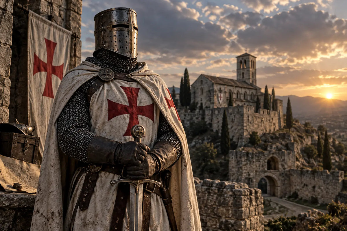 Chevalier templier devant une commanderie médiévale, entre histoire et mythe