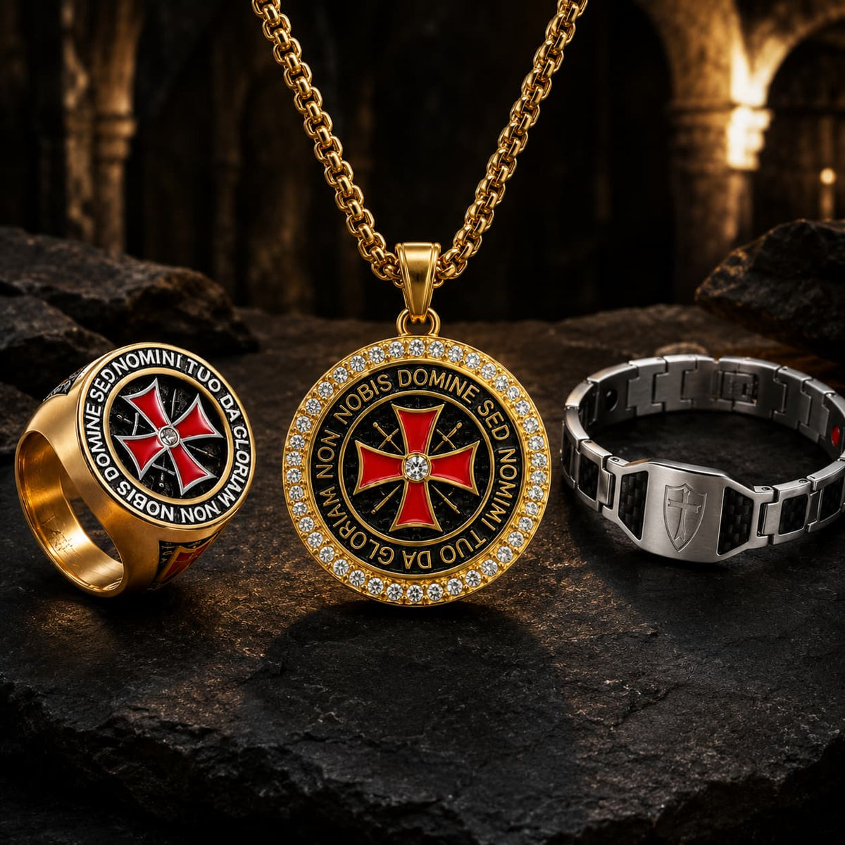 Sélection de bijoux templiers avec collier, bague et bracelet sur fond médiéval sombre