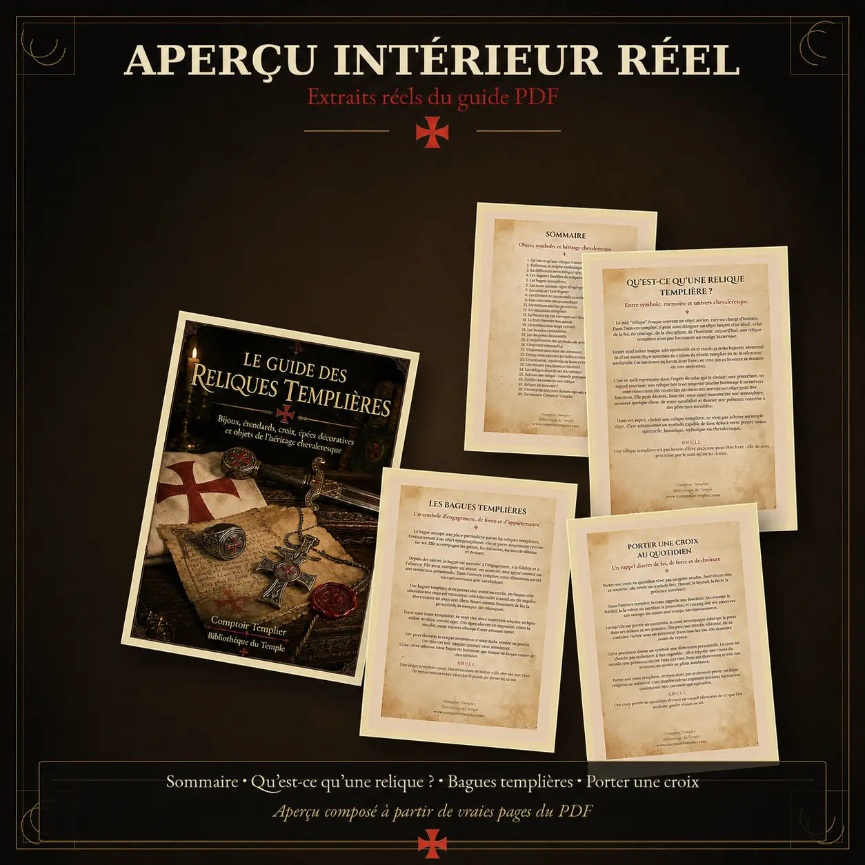 Aperçu intérieur réel du Guide des Reliques Templières avec sommaire relique templière bagues templières et porter une croix
