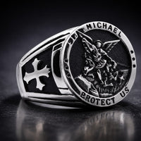 Bague de l’Archange Michel argentée en acier inoxydable avec motif protecteur