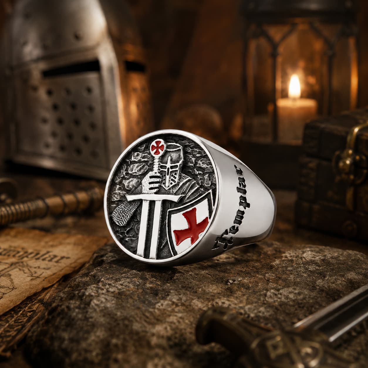 Bague de l’Armement en acier inoxydable présentée dans un décor médiéval avec casque, bougie, épée et parchemin
