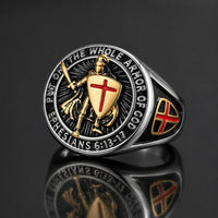 Bague Armure du Templier en acier inoxydable argenté et doré avec chevalier croisé sur fond anthracite