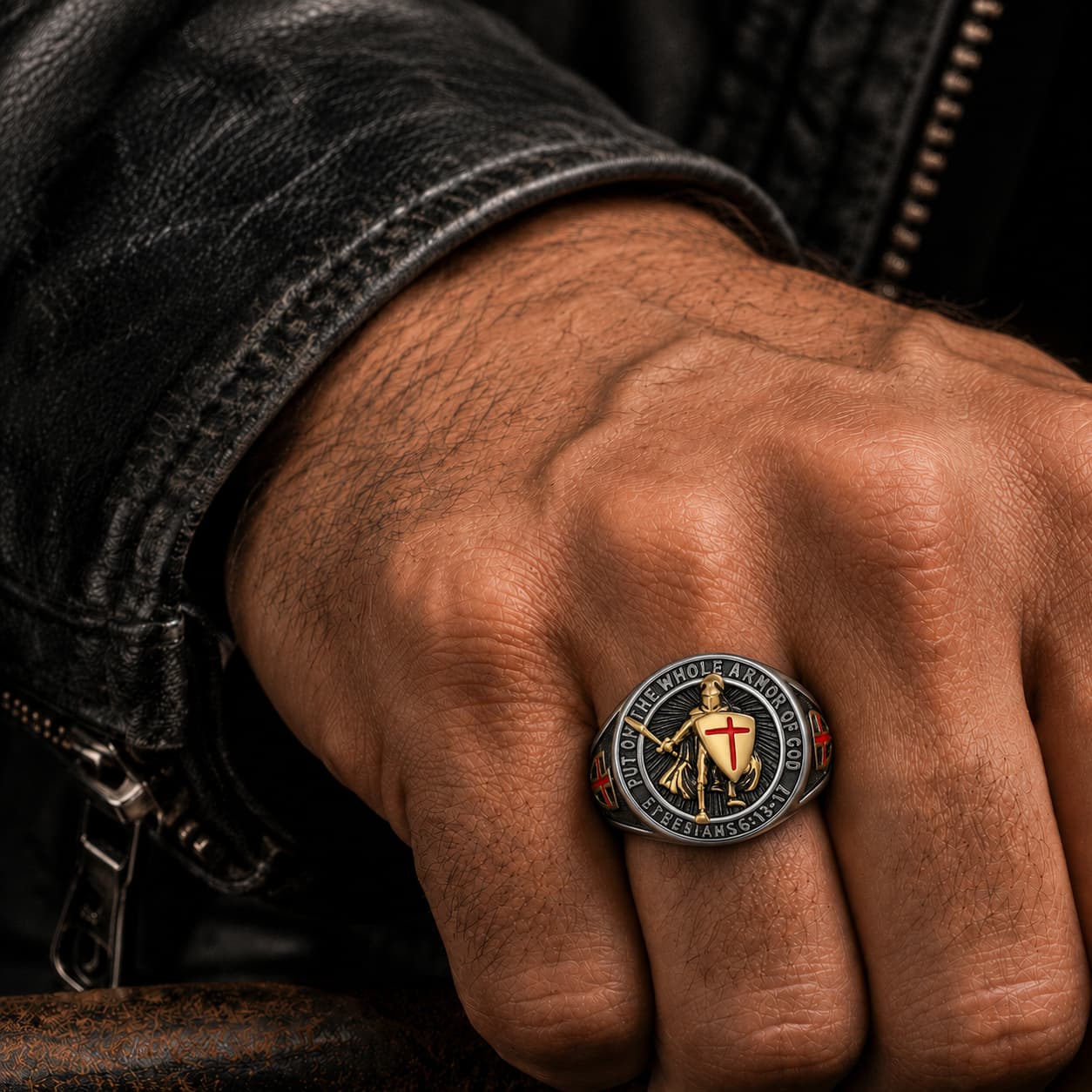 Bague Armure du Templier en acier inoxydable portée à la main par un homme