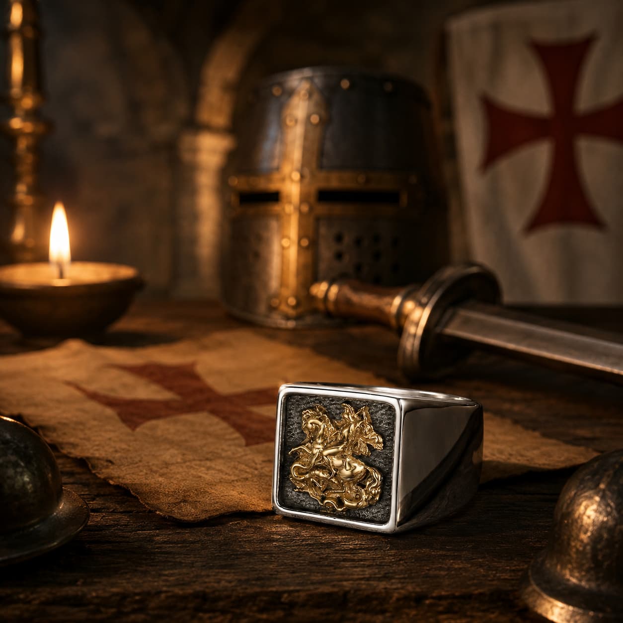 Bague du Chevalier St Georges en acier de titane dans un décor médiéval avec casque, épée, bougie et croix templière