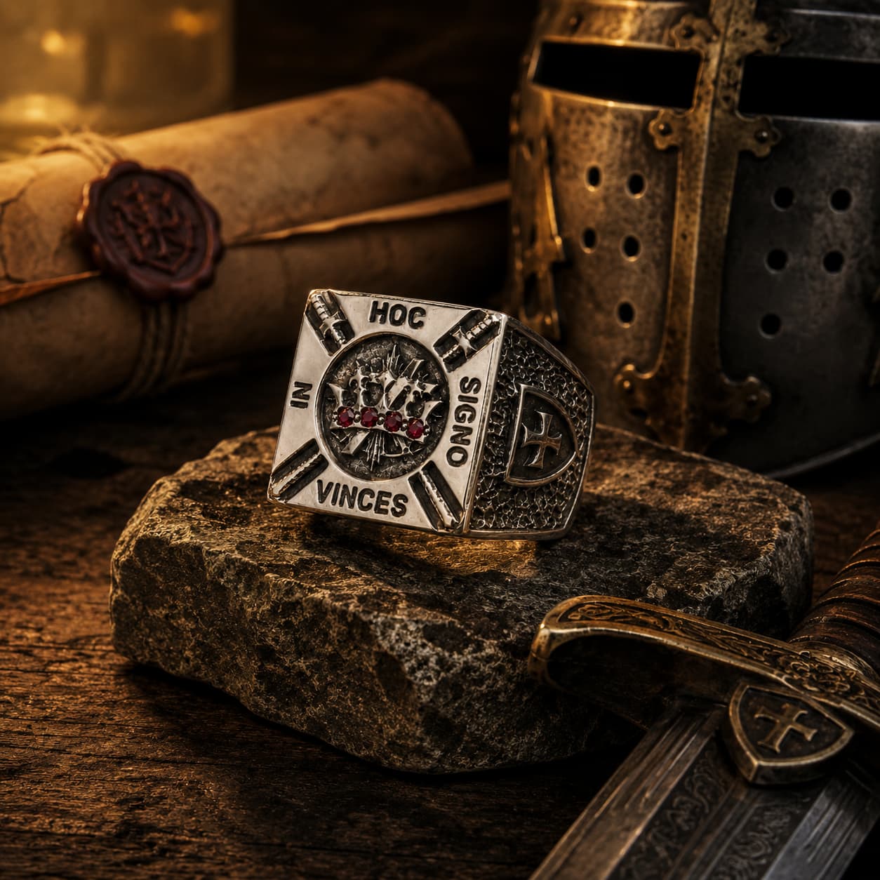 Bague de la Confrérie en acier inoxydable dans un décor templier avec casque, épée et parchemin