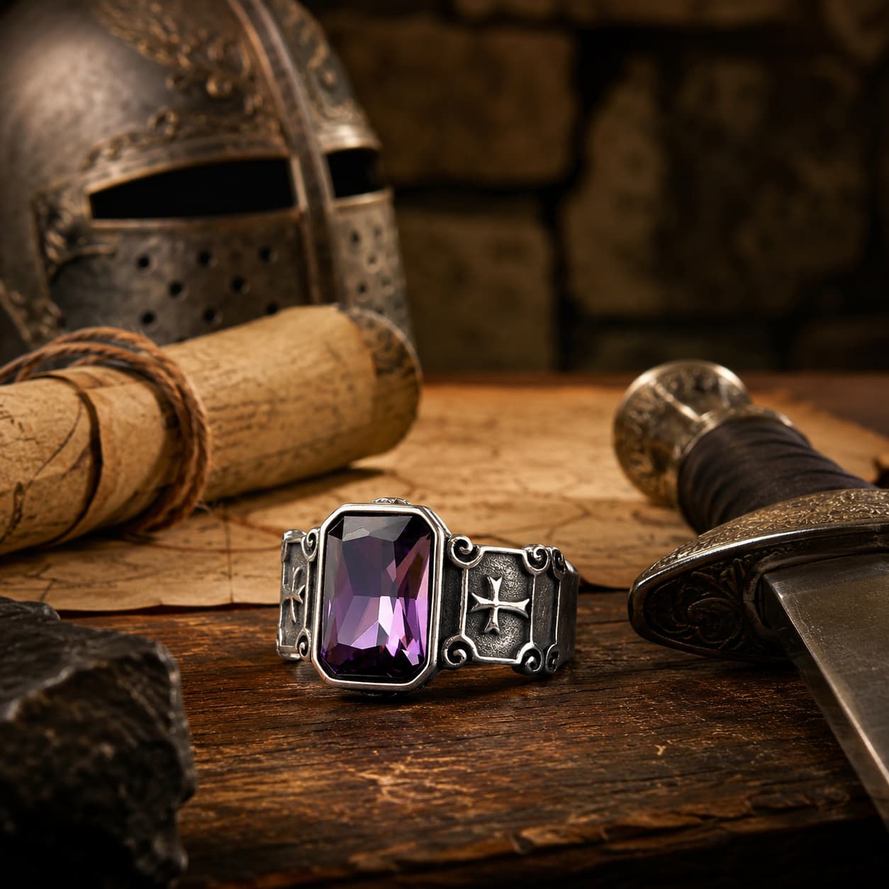 Bague Croisée de Lumière en acier inoxydable avec pierre violette dans un décor templier avec épée