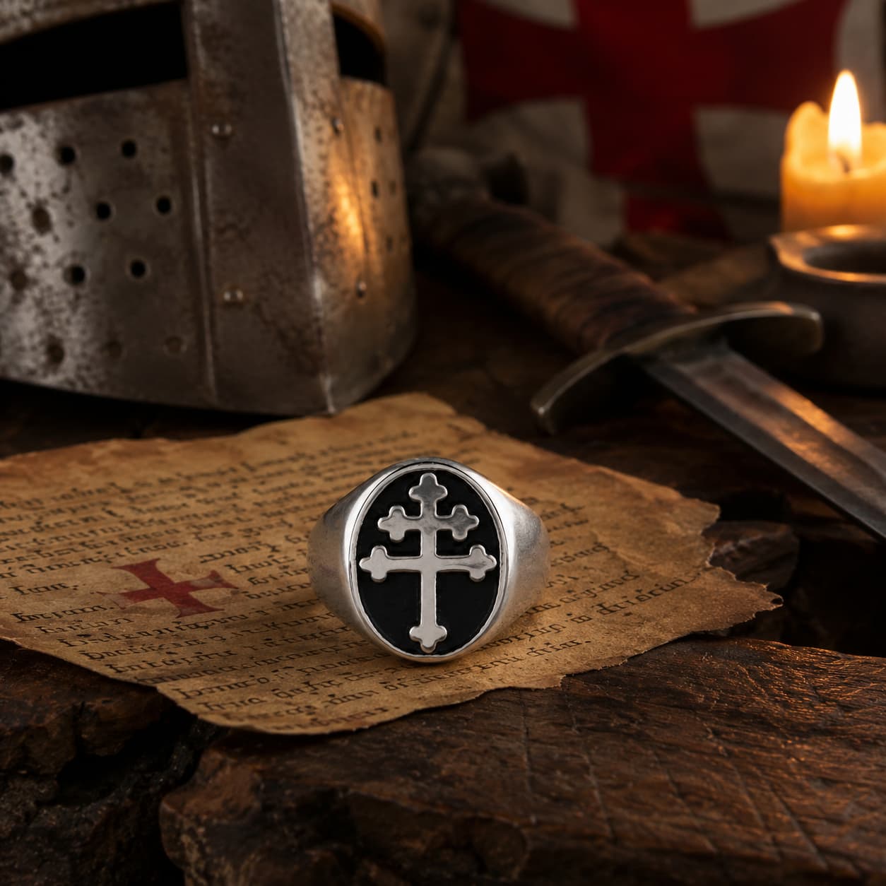 Bague Croix de Lorraine en acier inoxydable présentée dans un décor templier avec casque, épée, parchemin, bougie et croix rouge