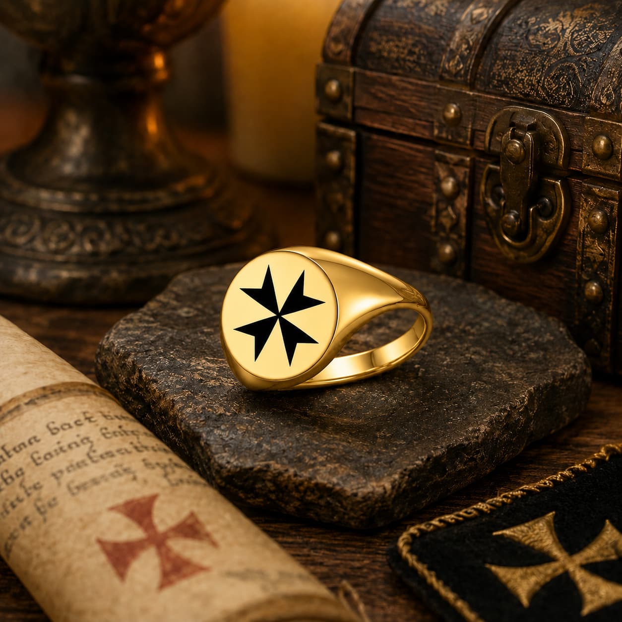 Bague Croix de Malte en acier inoxydable doré posée dans un décor médiéval avec parchemin et coffre
