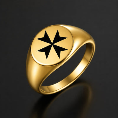 Bague Croix de Malte en acier inoxydable doré avec symbole noir sur fond anthracite