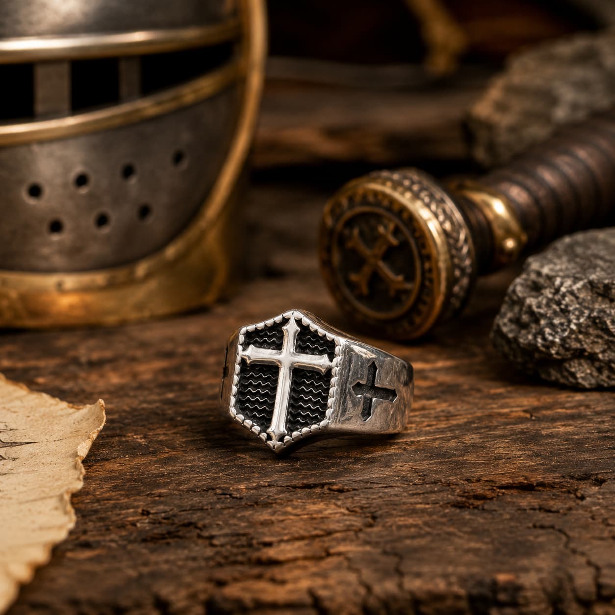 Bague Croix Impériale en acier inoxydable dans un décor médiéval avec casque de chevalier, épée et bois rustique