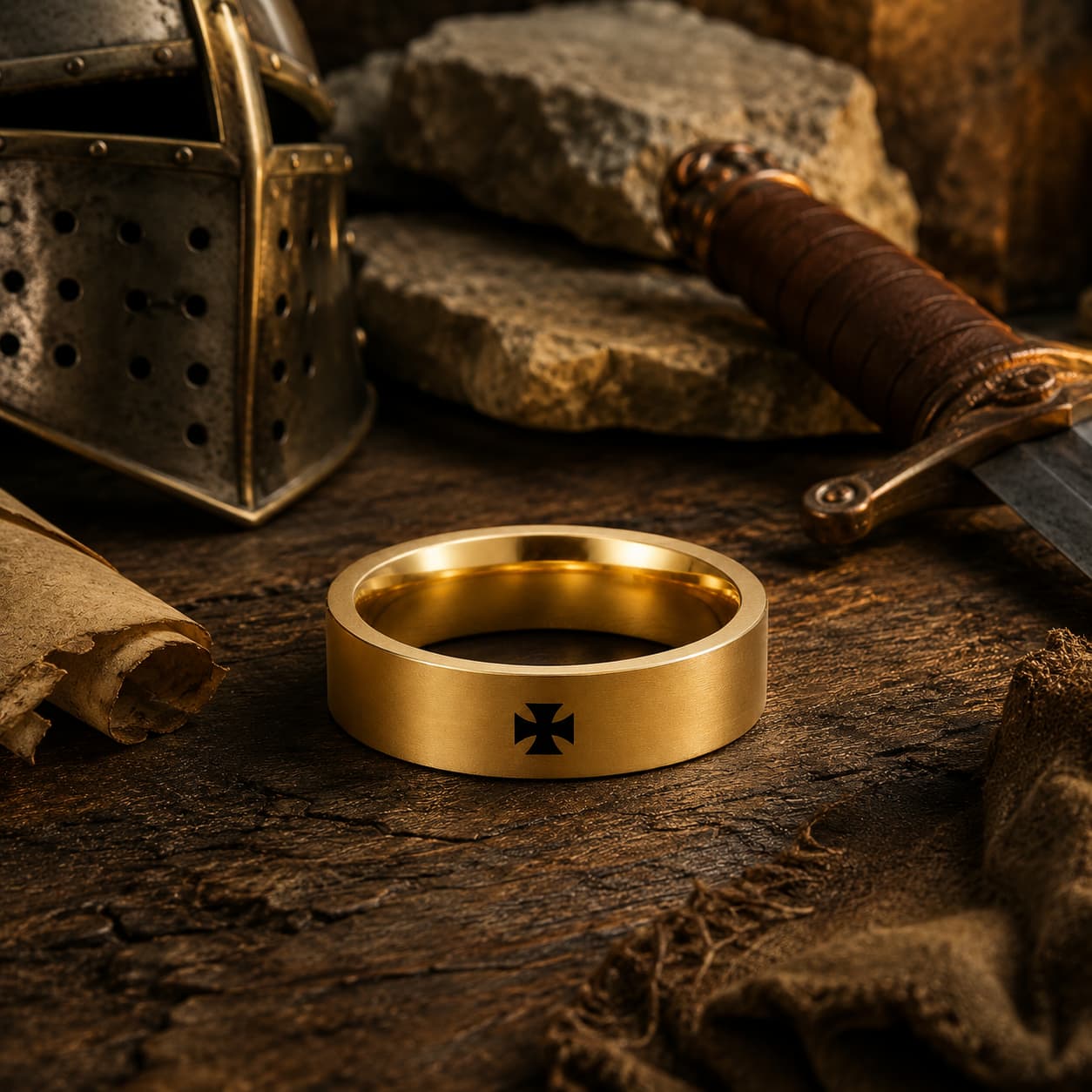 Bague Croix Pattée du Templier en acier inoxydable doré présentée dans un décor médiéval