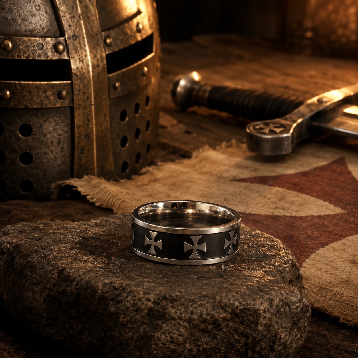 Bague Croix Pattée Sacrée en acier inoxydable sur décor médiéval