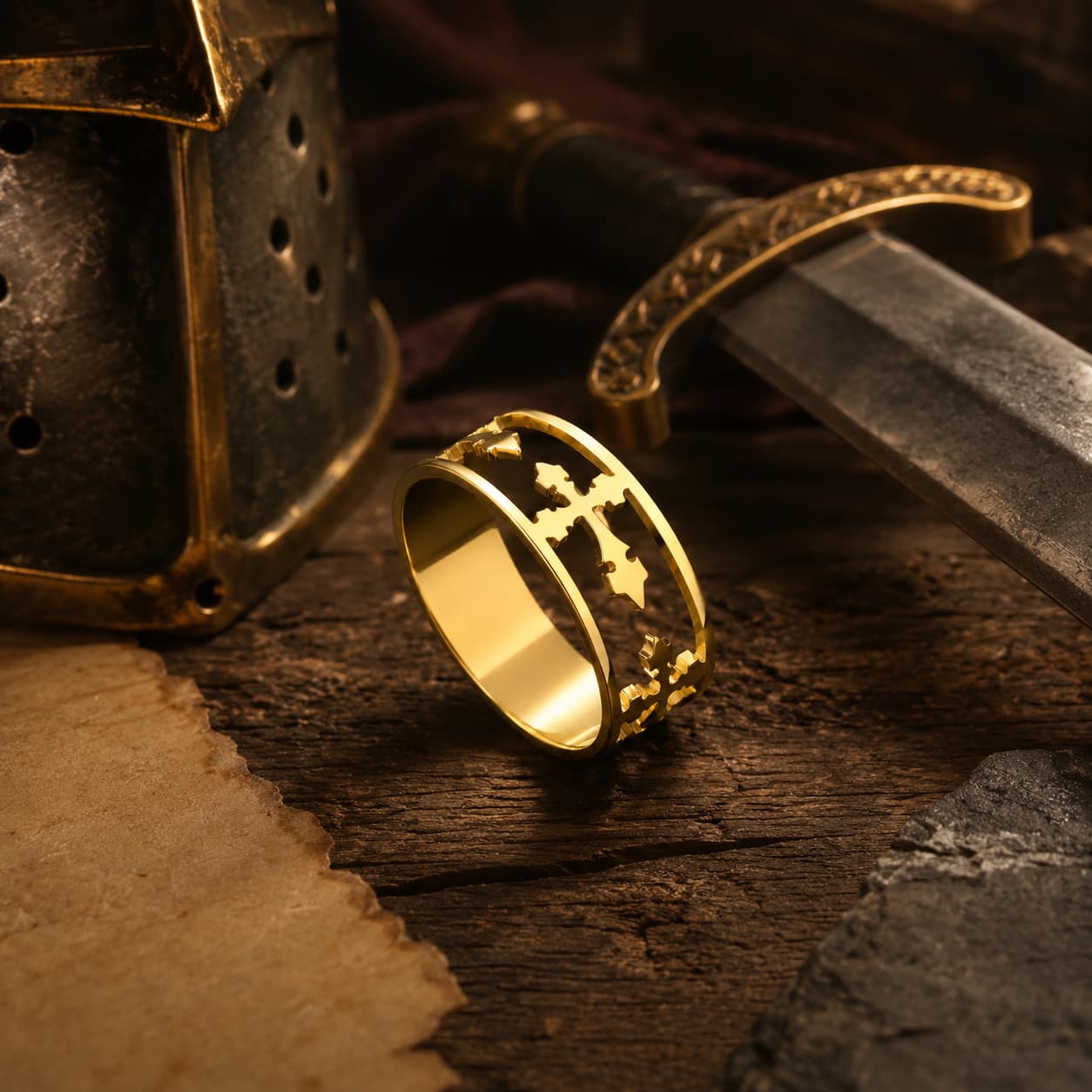 Bague de la Dame du Temple en acier inoxydable pour femmes dorée mise en scène dans un décor médiéval templier