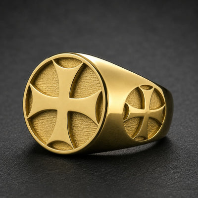 Bague de l’Adoubement en acier inoxydable doré avec croix templière