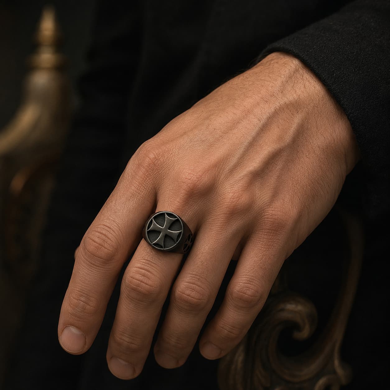 Bague de l’Adoubement en acier inoxydable noir portée à la main