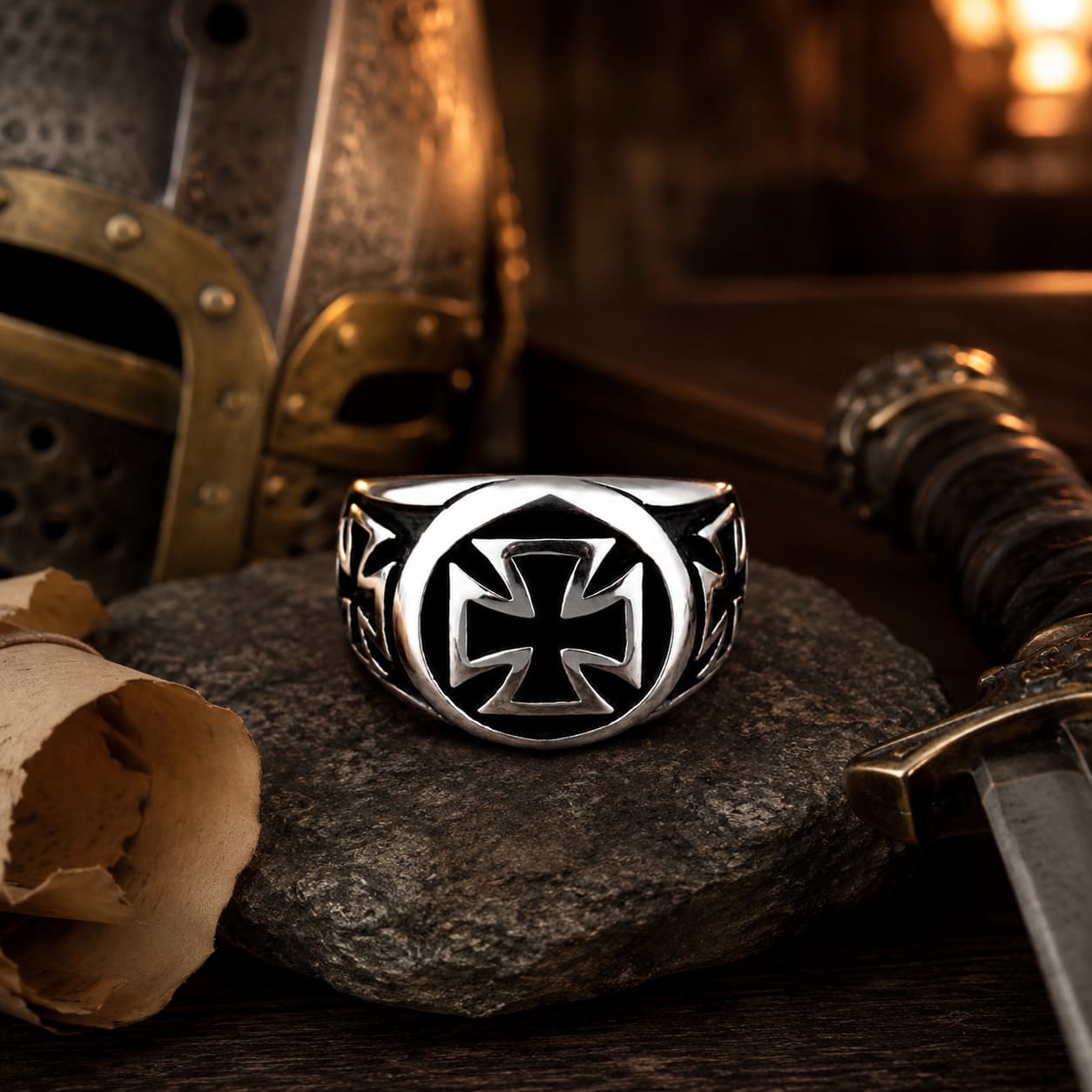 Bague de l’Annonciation en acier inoxydable avec croix templière noire et argent dans un décor templier