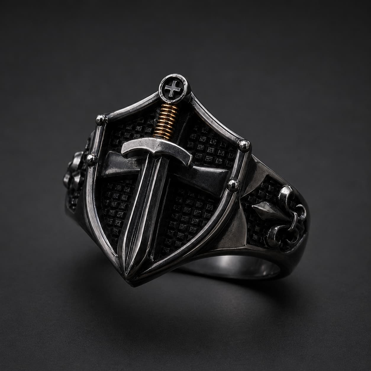 Bague de l’Épée Sacrée du Templier en acier inoxydable noir et argent sur fond anthracite