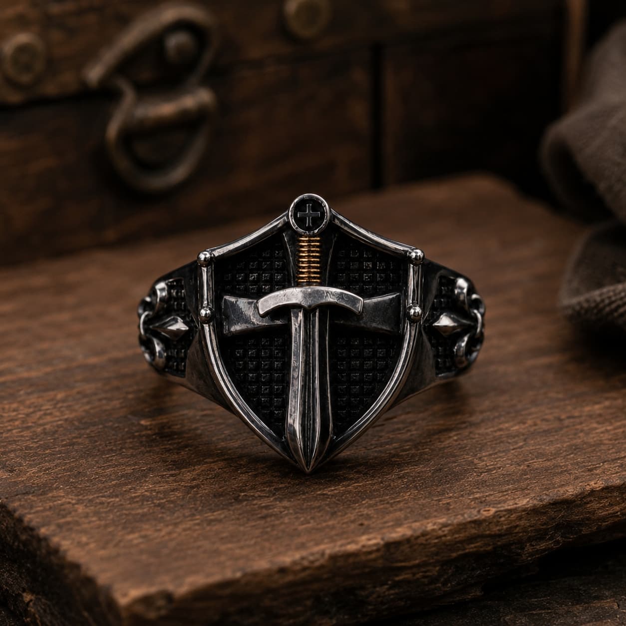 Bague de l’Épée Sacrée du Templier en acier inoxydable vue frontale avec bouclier et épée