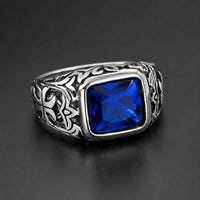 Bague de l’Éternité Sacrée en Argent 925 Sterling avec pierre bleue carrée et ornements gravés