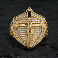 Bague de l’Office Divin en acier inoxydable doré avec crucifix et strass