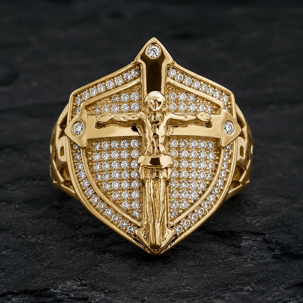 Bague de l’Office Divin en acier inoxydable doré avec crucifix et strass
