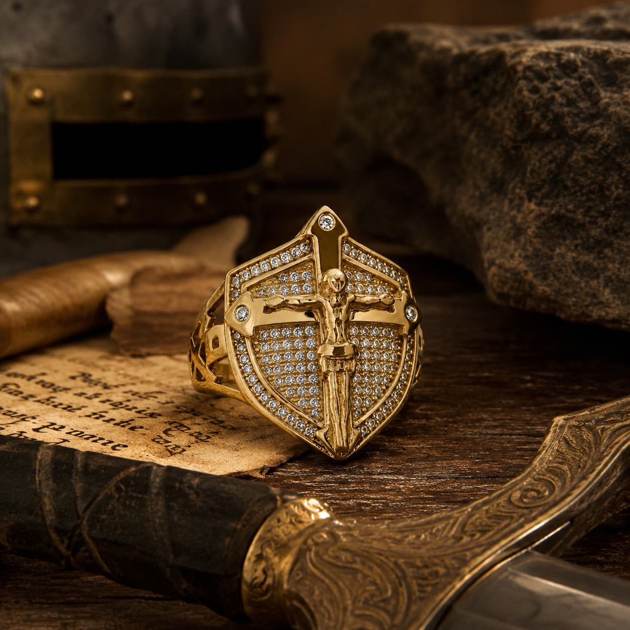 Bague de l’Office Divin en acier inoxydable doré avec crucifix et strass dans une mise en scène templière