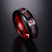 Bague de la Force en tungstène noir et rouge avec pierre rouge sur fond anthracite