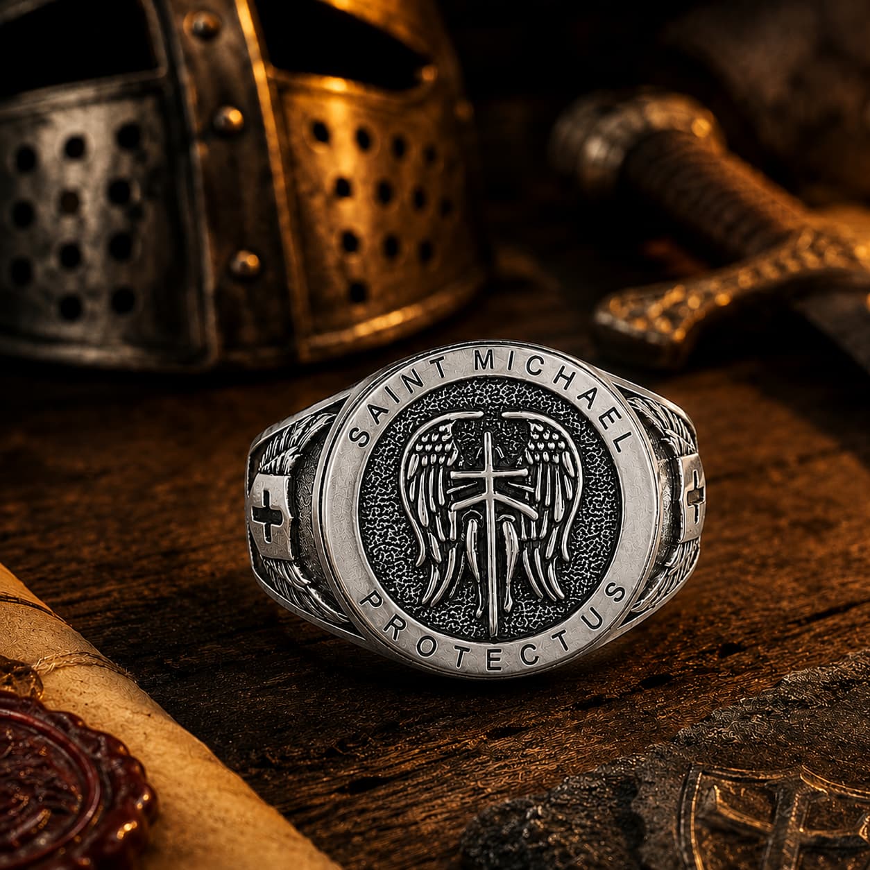 Bague de la Prière de l’Archange en argent 925 sterling dans un décor médiéval avec casque, épée, parchemin et sceau