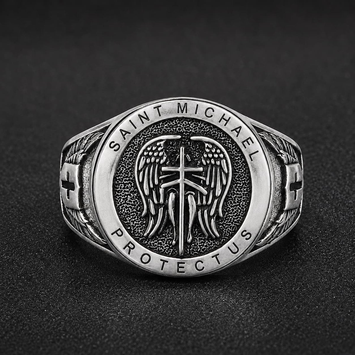 Bague de la Prière de l’Archange en argent 925 sterling avec sceau Saint Michael Protect Us et ailes gravées
