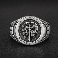 Bague de la Prière de l’Archange en argent 925 sterling avec sceau Saint Michael Protect Us et ailes gravées
