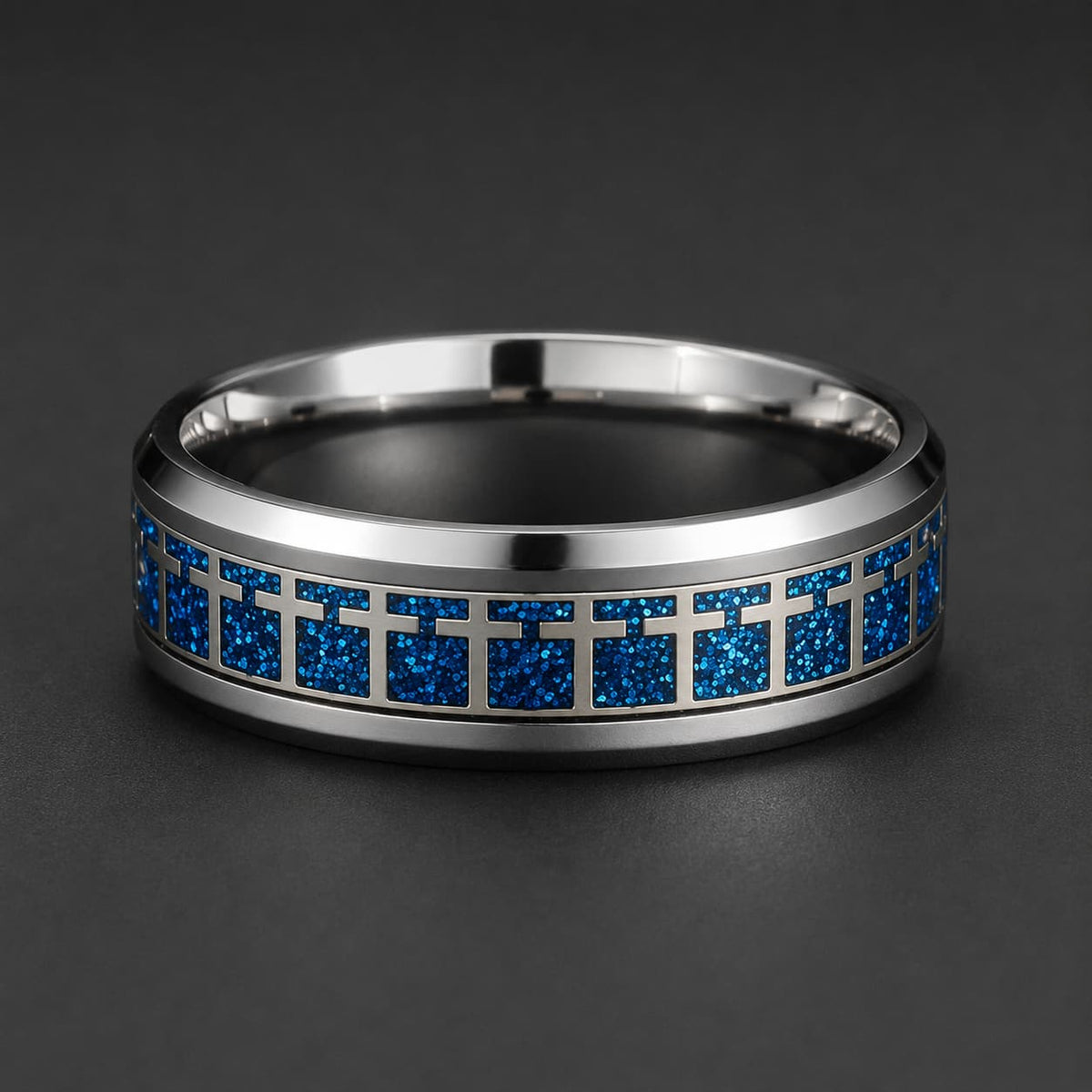 Bague de l'Espoir en acier inoxydable avec motif croix bleue scintillante sur fond noir