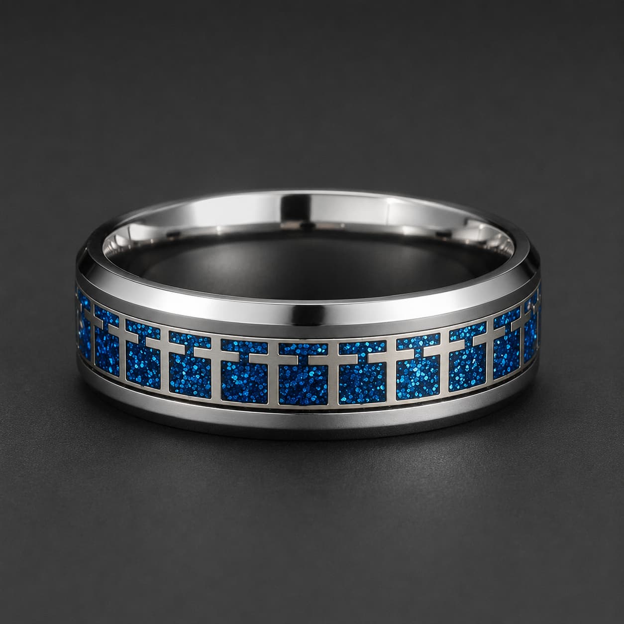 Bague de l'Espoir en acier inoxydable avec motif croix bleue scintillante sur fond noir