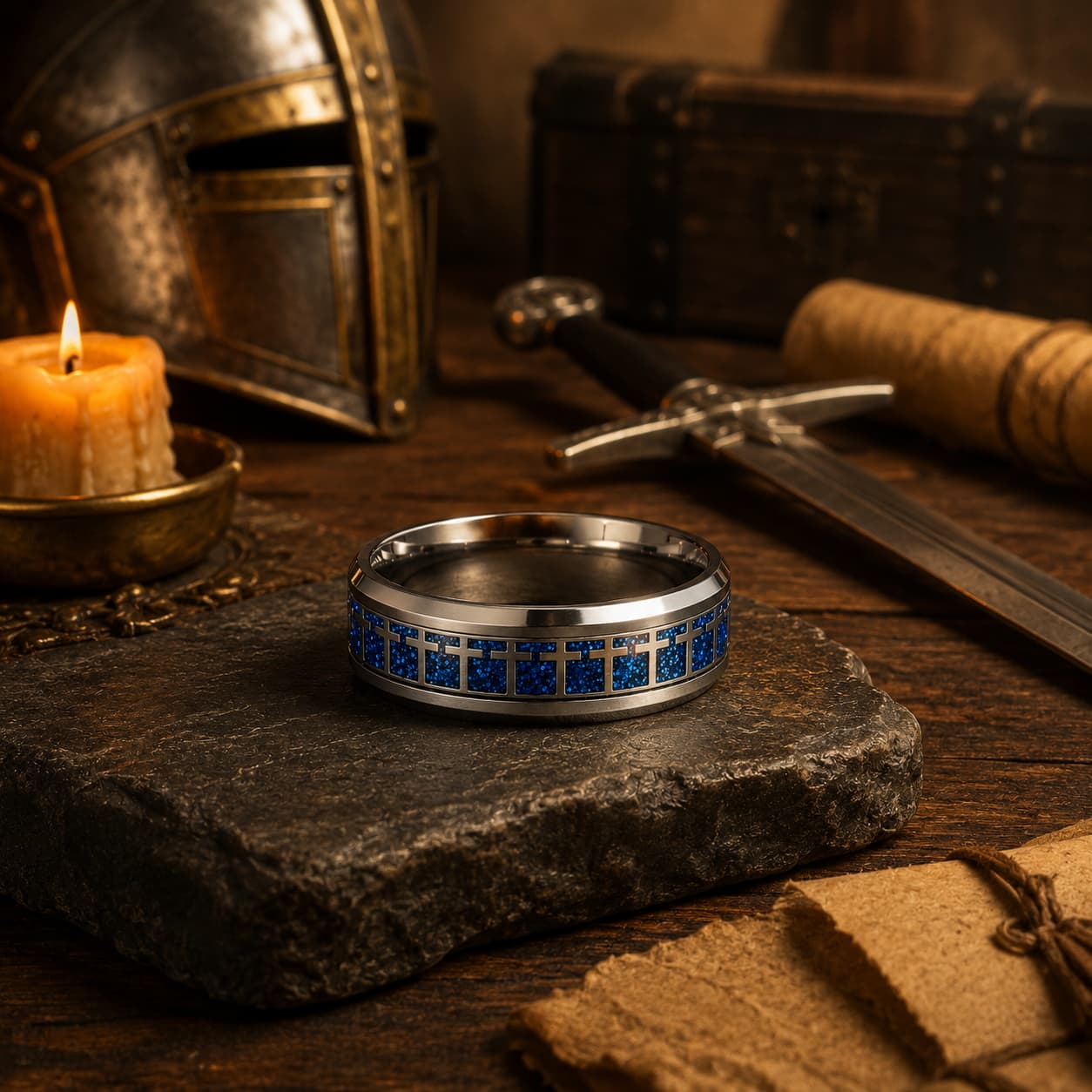 Bague de l'Espoir en acier inoxydable présentée dans un décor médiéval avec casque et épée