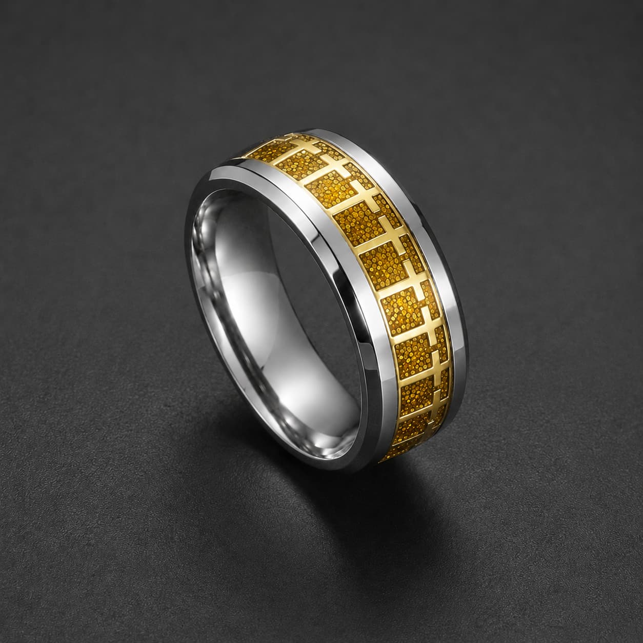 Bague de l'Espoir en acier inoxydable avec finition dorée et motif croix sur bande centrale