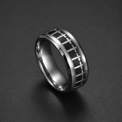Bague de l'Espoir en acier inoxydable version noire avec croix argentées sur bande centrale