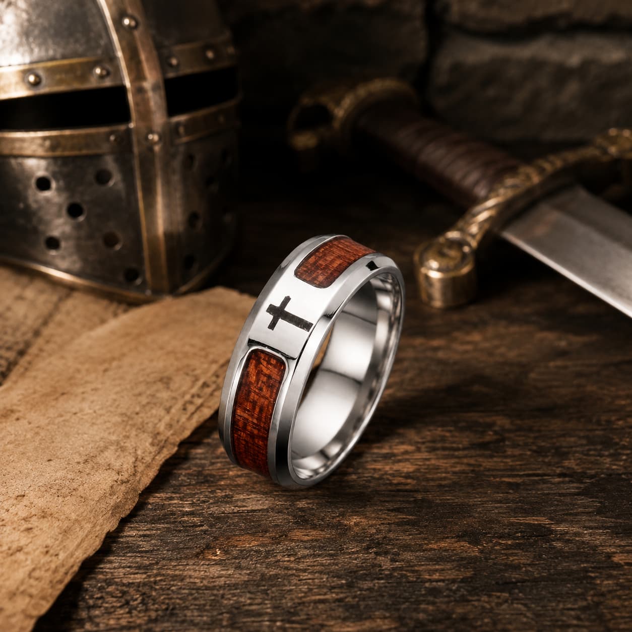Bague du Dévot en acier inoxydable avec insert bois et croix noire dans un décor médiéval