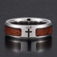 Bague du Dévot en acier inoxydable avec croix noire centrale et inserts bois brun vue de face
