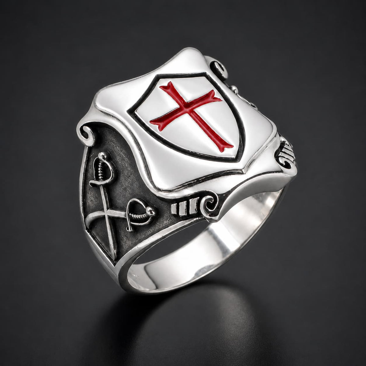 Bague du Bouclier Templier en acier inoxydable avec croix rouge sur fond anthracite