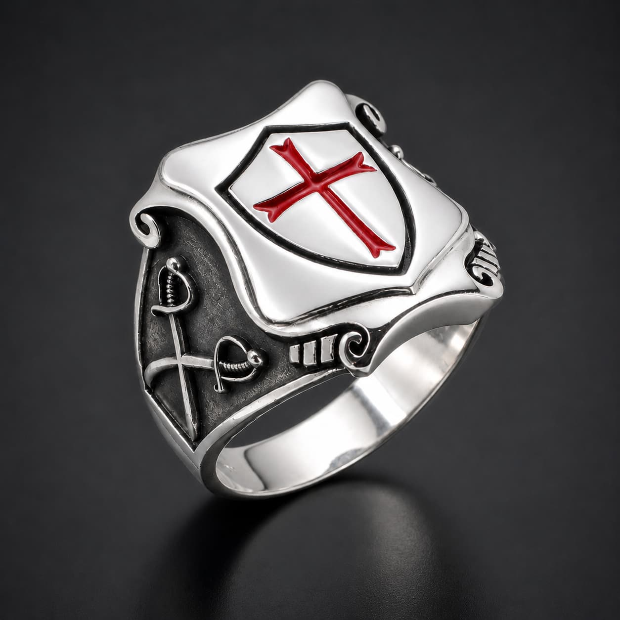 Bague du Bouclier Templier en acier inoxydable avec croix rouge sur fond anthracite