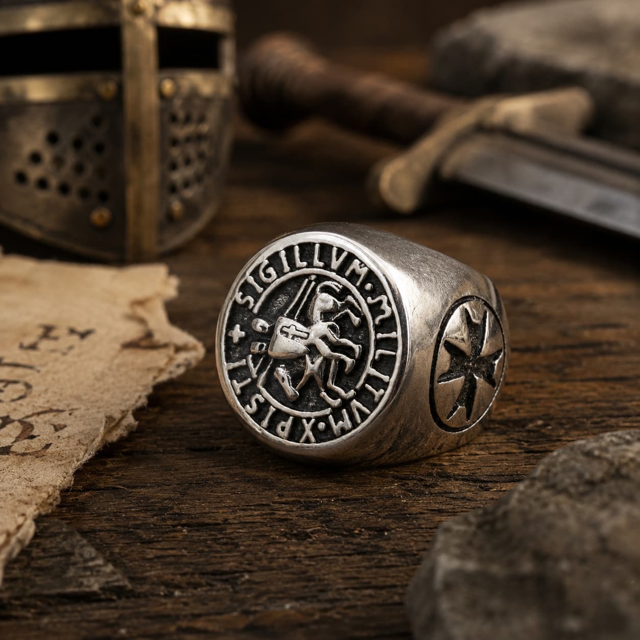 Bague du Chevalier en acier inoxydable présentée dans un décor médiéval templier avec casque, épée et parchemin